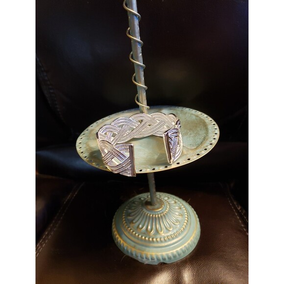 925 Silvery-Plated Copper Geometric Weave Cuff Bracelet Braided - Picture 7 of 8